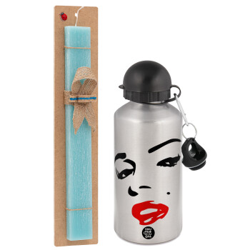 Marilyn Monroe, Easter Set, metallic silver aluminum water bottle (500ml) & scented flat Easter candle (30cm) (TURQUOISE)