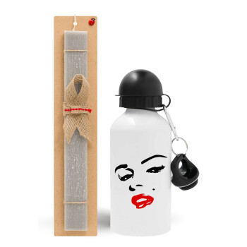 Marilyn Monroe, Πασχαλινό Σετ, παγούρι μεταλλικό  αλουμινίου (500ml) & πασχαλινή λαμπάδα αρωματική πλακέ (30cm) (ΓΚΡΙ)