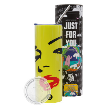 Marilyn Monroe, Neon Yellow Travel Tumbler, with metal straw (Stainless steel 304 Food grade, BPA free, 600ml)