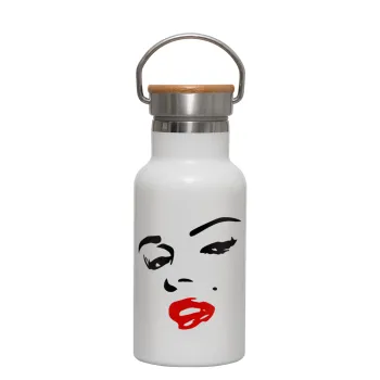 Marilyn Monroe, Metallic thermos (Stainless steel) White with wooden lid (bamboo), double-walled, 350ml