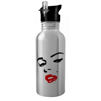 Marilyn Monroe, Water bottle Silver with straw, stainless steel 600ml