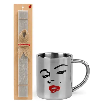 Marilyn Monroe, Easter Set, metallic thermal cup (300ml) & Easter aromatic flat candle (30cm) (GRAY)