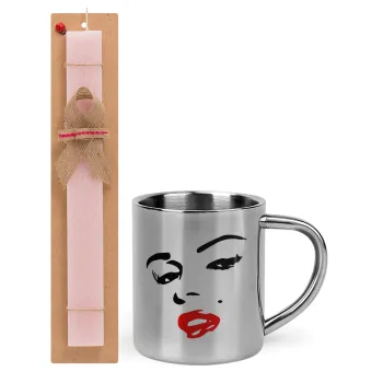 Marilyn Monroe, Easter Set, metallic thermal cup (300ml) & aromatic flat Easter candle (30cm) (PINK)