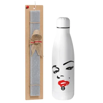 Marilyn Monroe, Easter Set, metallic stainless thermos bottle (500ml) & scented flat Easter candle (30cm) (GRAY)