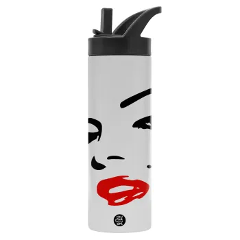 Marilyn Monroe, Μεταλλικό παγούρι θερμός με καλαμάκι & χειρολαβή, ανοξείδωτο ατσάλι (Stainless steel 304), διπλού τοιχώματος, 600ml