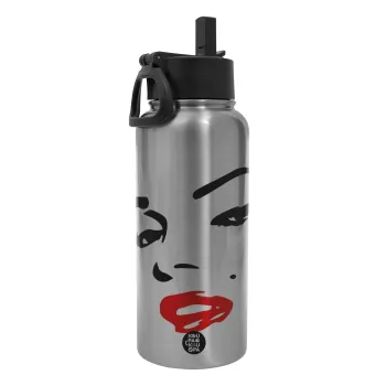 Marilyn Monroe, Metal mug thermo Silver with Straw and Spout Lid (Stainless steel), double wall, 950ml