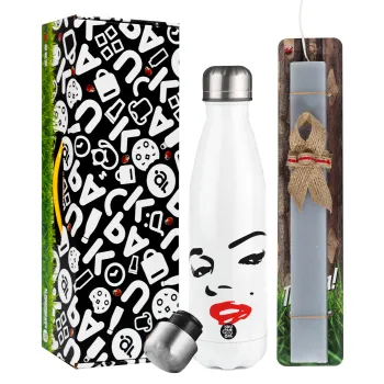 Marilyn Monroe, Easter candle, metallic white thermos bottle (500ml) & aromatic flat candle (30cm) (GRAY)