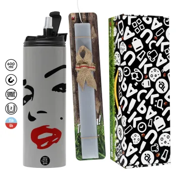 Marilyn Monroe, Πασχαλινή Λαμπάδα με Travel Tumbler θερμό (600ml, BPA free) & κερί αρωματικό πλακέ (30cm) (ΓΚΡΙ)