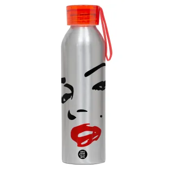 Marilyn Monroe, Αλουμινένιο Αθλητικό Μπουκάλι 650ml – Ασημί με Κόκκινο Καπάκι και Λουράκι Σιλικόνης
