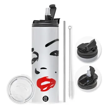 Marilyn Monroe, Travel Tumbler 2 Lids, with metal straw & cleaning brush (Stainless steel 304 Food grade, BPA free, 600ml)