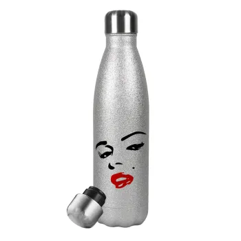 Marilyn Monroe, Μεταλλικό παγούρι θερμός Glitter Aσημένιο (Stainless steel), διπλού τοιχώματος, 500ml