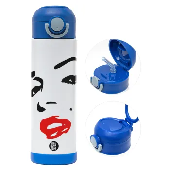 Marilyn Monroe, Children's hot water bottle, stainless steel, with safety straw, BLUE (500ml)