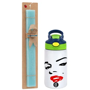 Marilyn Monroe, Easter Set, Children's thermal stainless steel bottle with safety straw, green/blue (350ml) & aromatic flat Easter candle (30cm) (TURQUOISE)