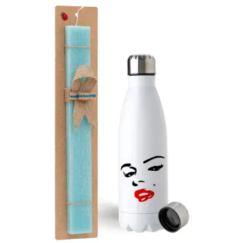 Marilyn Monroe, Easter Set, metallic stainless steel water bottle (750ml) & aromatic flat Easter candle (30cm) (TURQUOISE)