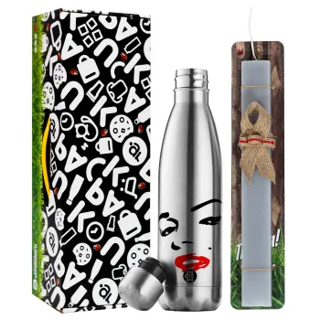 Marilyn Monroe, Easter Set, metallic stainless thermos flask (500ml) & scented flat Easter candle (30cm) (GRAY)