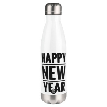 Happy new year, Μεταλλικό παγούρι θερμός Λευκό (Stainless steel), διπλού τοιχώματος, 500ml
