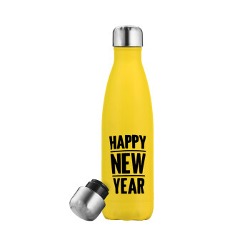 Happy new year, Μεταλλικό παγούρι θερμός Κίτρινος (Stainless steel), διπλού τοιχώματος, 500ml