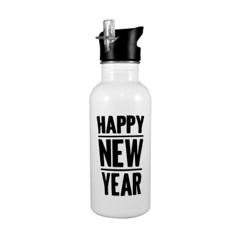 Happy new year, White water bottle with straw, stainless steel 600ml