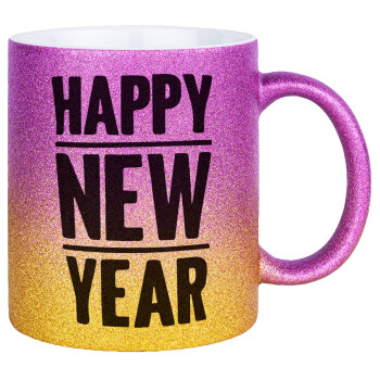 Happy new year, Κούπα Χρυσή/Ροζ Glitter, κεραμική, 330ml
