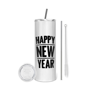 Happy new year, Eco friendly ποτήρι θερμό (tumbler) από ανοξείδωτο ατσάλι 600ml, με μεταλλικό καλαμάκι & βούρτσα καθαρισμού