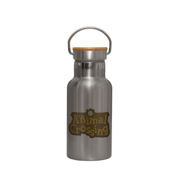Animal Crossing, Stainless steel metallic thermos flask, silver with a bamboo lid, double-walled, 350ml.