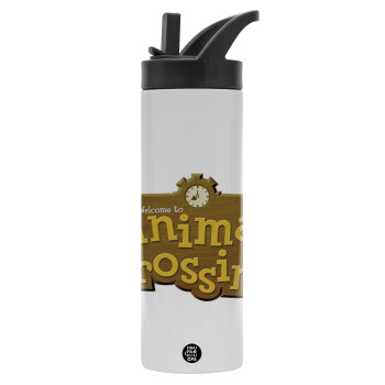 Animal Crossing, Metallic thermos bottle with straw & handle, stainless steel (Stainless steel 304), double-walled, 600ml.
