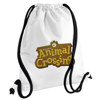Animal Crossing, Τσάντα πλάτης πουγκί GYMBAG λευκή, με τσέπη (40x48cm) & χονδρά κορδόνια