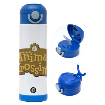 Animal Crossing, Children's hot water bottle, stainless steel, with safety straw, BLUE (500ml)