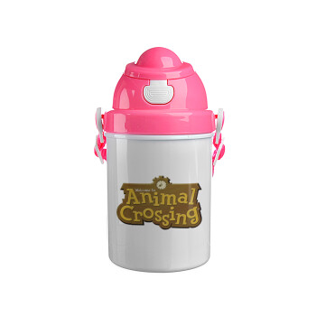 Animal Crossing, Ροζ παιδικό παγούρι πλαστικό (BPA-FREE) με καπάκι ασφαλείας, κορδόνι και καλαμάκι, 400ml