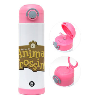 Animal Crossing, Children's hot water bottle, stainless steel, with safety straw, PINK (500ml)