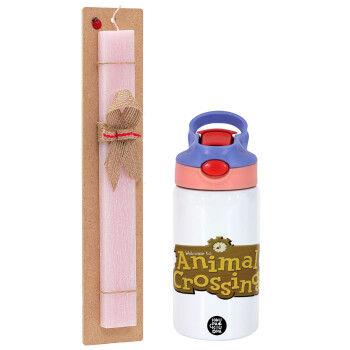 Animal Crossing, Easter Set, Children's thermal stainless steel water bottle with safety straw, pink/purple (350ml) & Easter scented flat candle (30cm) (PINK)