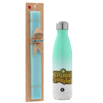 Animal Crossing, Easter Set, Metallic green/white thermos (Stainless steel), double-walled, 500ml & scented flat Easter candle (30cm) (TURQUOISE)