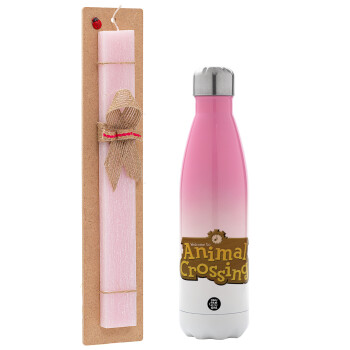 Animal Crossing, Easter Set, Metallic pink/white (Stainless steel) thermos, double-walled, 500ml & aromatic flat Easter candle (30cm) (PINK)