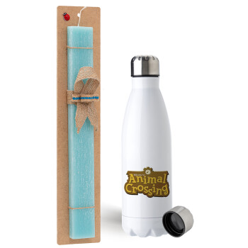 Animal Crossing, Easter Set, metallic stainless steel water bottle (750ml) & aromatic flat Easter candle (30cm) (TURQUOISE)