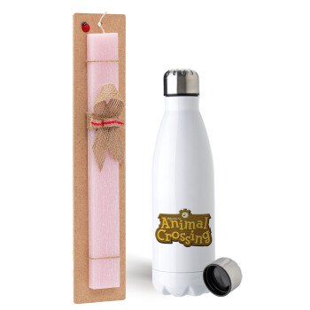 Animal Crossing, Easter Set, metallic stainless steel water bottle (750ml) & scented flat Easter candle (30cm) (PINK)