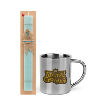 Animal Crossing, Easter Set, metallic thermal cup (300ml) & aromatic flat Easter candle (30cm) (TURQUOISE)