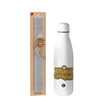 Animal Crossing, Easter Set, metallic stainless thermos bottle (500ml) & scented flat Easter candle (30cm) (GRAY)