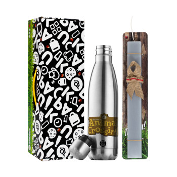 Animal Crossing, Easter Set, metallic stainless thermos flask (500ml) & scented flat Easter candle (30cm) (GRAY)