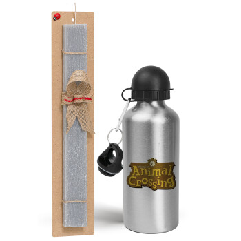 Animal Crossing, Easter Set, metallic silver aluminum water bottle (500ml) & aromatic flat Easter candle (30cm) (GRAY)