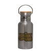 Stainless steel metallic thermos flask, silver with a bamboo lid, double-walled, 350ml.