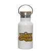 Metallic thermos (Stainless steel) White with wooden lid (bamboo), double-walled, 350ml