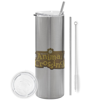 Animal Crossing, Tumbler stainless steel Silver 600ml, with metal straw & cleaning brush
