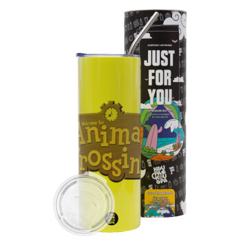 Animal Crossing, Neon Yellow Travel Tumbler, with metal straw (Stainless steel 304 Food grade, BPA free, 600ml)