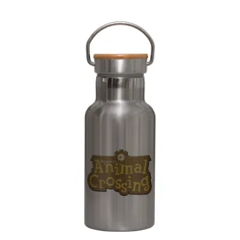 Animal Crossing, Stainless steel metallic thermos flask, silver with a bamboo lid, double-walled, 350ml.