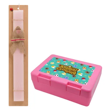 Animal Crossing, Easter Set, children's snack container PINK & scented flat Easter candle (30cm) (PINK)