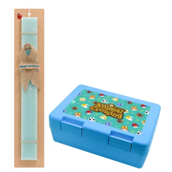 Animal Crossing, Easter Set, children's snack container BLUE & Easter aromatic flat candle (30cm) (TURQUOISE)