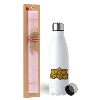 Animal Crossing, Easter Set, metallic stainless steel water bottle (750ml) & scented flat Easter candle (30cm) (PINK)