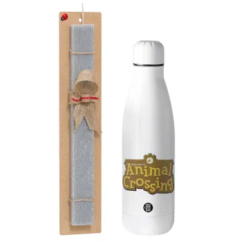 Animal Crossing, Easter Set, metallic stainless thermos bottle (500ml) & scented flat Easter candle (30cm) (GRAY)