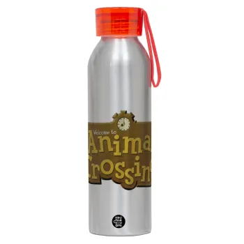 Animal Crossing, Αλουμινένιο Αθλητικό Μπουκάλι 650ml – Ασημί με Κόκκινο Καπάκι και Λουράκι Σιλικόνης