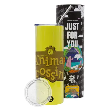 Animal Crossing, Neon Yellow Travel Tumbler θερμό, μεταλλικό καλαμάκι(Ανωξείδωτο 304 Food grade, BPA free, 600ml)